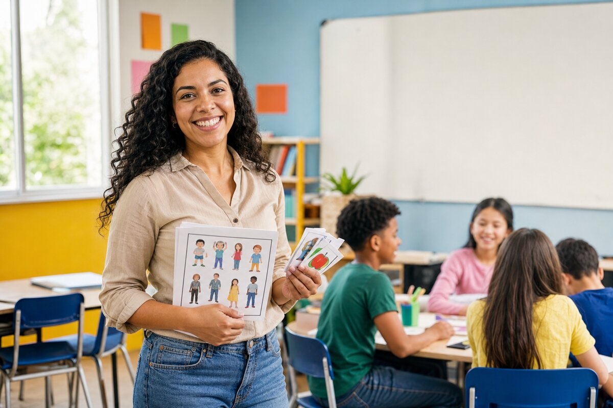 Professora aplicando dinâmica de inglês em sala de aula